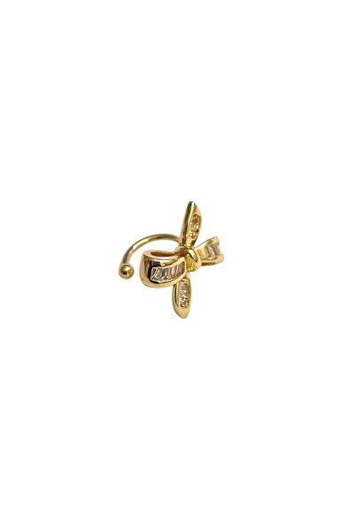 Cesicey Earcuff Sıkıştırmalı Pirinç Kıkırdak Küpe Baget Taşlı Fiyonk Altın Renk