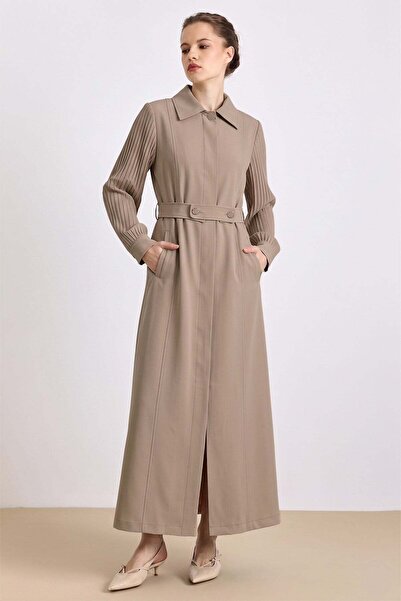 Olcay Shirt Collar Sleeves Pleated Detailed Lined Overcoat Stone 6864