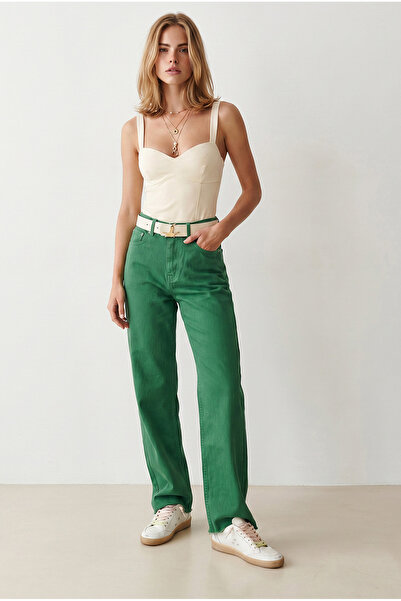 Olalook Women's Grass Green High Waist Wide Leg Gabardine Trousers Pnt-19000411