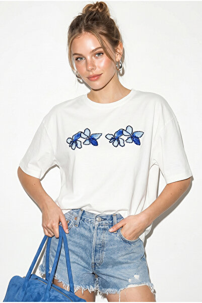 Bianco Lucci Kadın Bisiklet Yaka Taş Baskı Detaylı Oversize Pamuklu T-Shirt Ö...