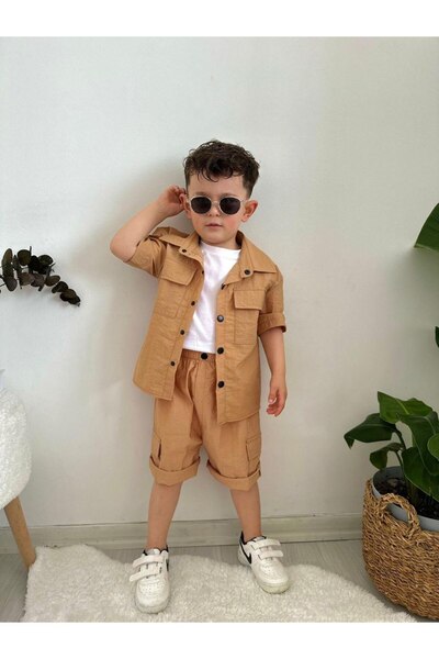 Jannock Boys' Safari Style 3-Piece Set with Cargo Shorts and T-Shirt - Camel-...