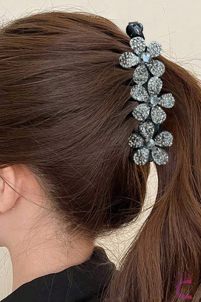 Cinderella Black Silver Zircon Stone Women's Floral Banana Hair Clip 10cm - E...