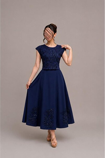 Mar style Embroidered Royal Cut Midi Evening Dress