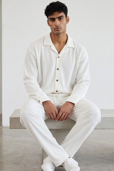modasende Men's White Ottoman Corduroy Shirt and Pants Set - Top and Bottom C...