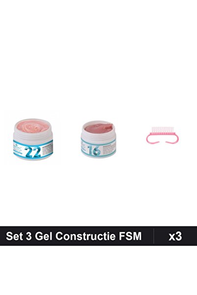 Makeup Set 3 Gel Constructie UV LED FSM 15g, Nuante 22 și 16, Periuță Praf Roz