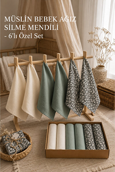 Arabamakss 6'lı Set %100 Pamuk Müslin Bebek Ağız Silme Mendili - 25x25 cm