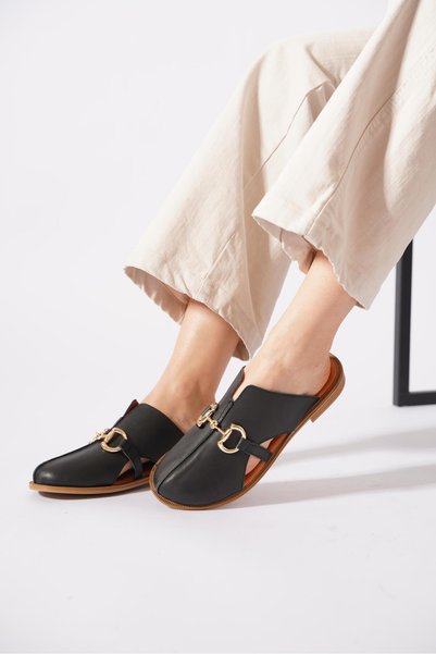 Moda Pie Holer Women's Genuine Leather Slippers with Side Open Buckle, Black Skin