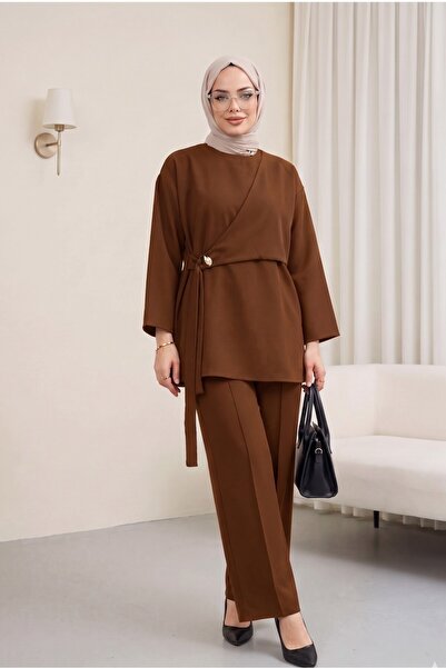 Modamorfo Double Dabıl Set with Cross-Tie Buckle and Slit Trousers - Brown