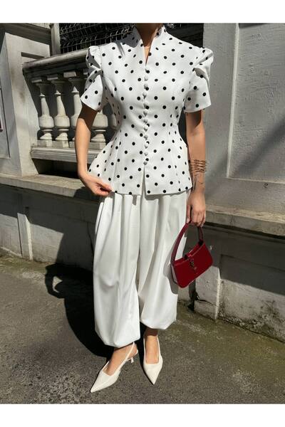 Julidress Premium Suit with High Collar Button Detail, Polka Dot Jacket and L...