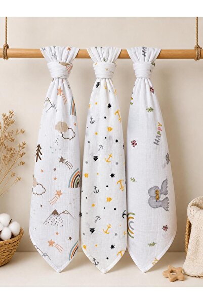 miely Çok Amaçlı İki Katlı Müslin Örtü & Battaniye 3'lü Set 80x80 cm %100 Pamuk