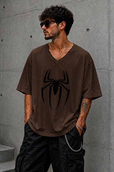 ArtYus Spider Printed V-Neck Casual Unisex Oversize T-Shirt – Cotton Casual T...