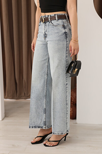 deqfashion Women's Ice Blue High Waist Belted Culotte Wide Leg Denim Trousers...