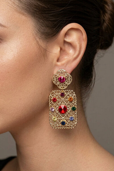 PETEK AKSESUAR Colorful Stone Embellished Metal Earrings 8 Cm.