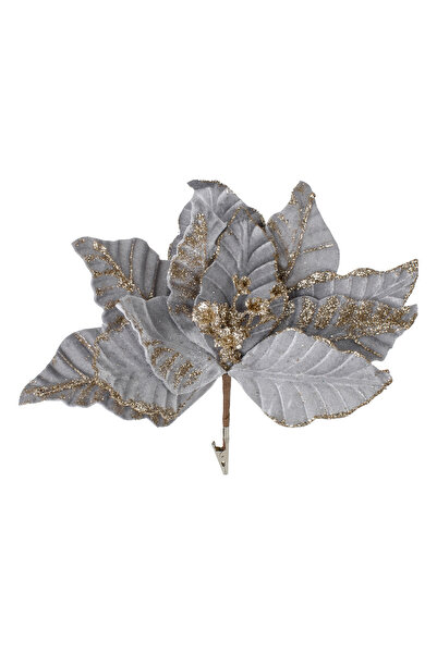 Zumzeria Floare decorativă de Crăciun gri cu sclipici auriu și cleme 27cm