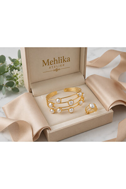 mehlika atelier Altın Kaplama İnci Detaylı Bileklik & Yüzük Seti|