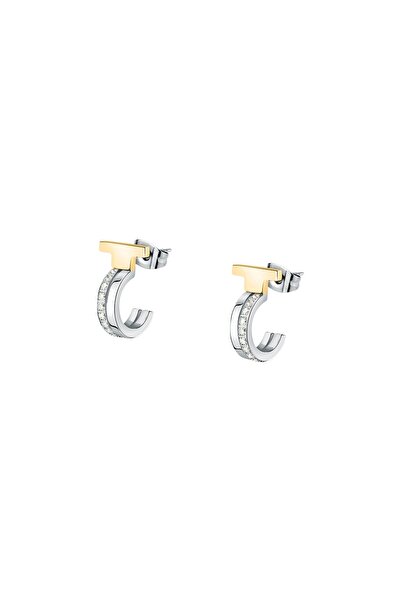 Trussardi T-Logo earrings, bicolor stainless steel, white crystals, 12mm, TJA...