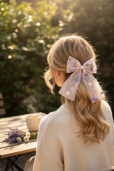 FAYRA ACCESSORIES Mašna s kopčom, tratinčica i lavanda, izvezena tkanina od t...
