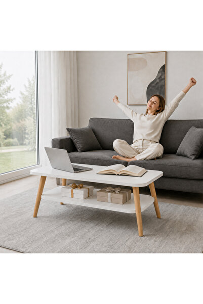 table Modern Wooden Rectangle Coffee with Storage, 2 Tier Center for Living R...