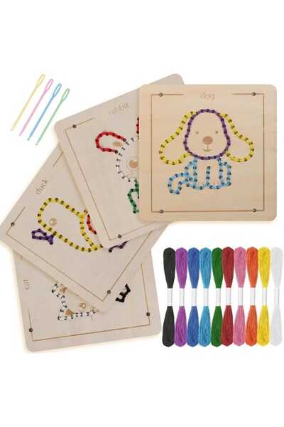 ETOY Set de cusut si insirat Montessori din lemn cu animale, snururi colorate...