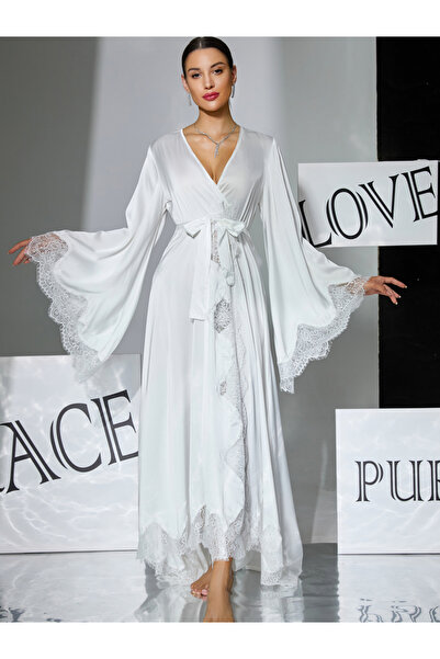 Take Two By Styli White Lace Trim Long Sleeve Robe