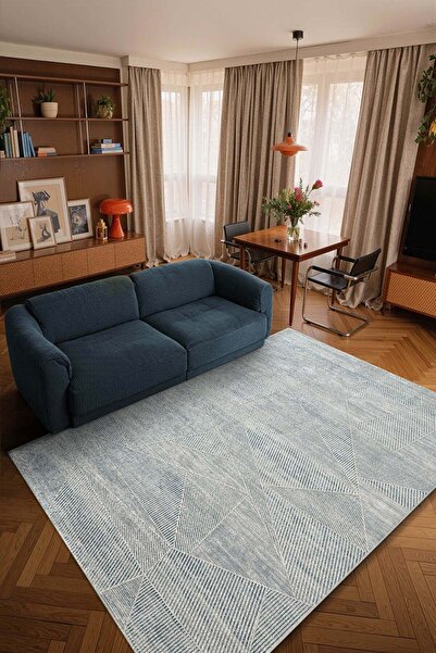 Cotto Home İpeksi IP012M Mavi Halı Modern Çizgili Desen Pamuk Taban Dayanaklı...