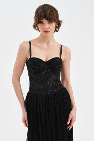 tw3 Women's Tulle Detailed Design Crop Corset with Adhesive Stones