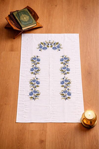 Çeyiz Diyarı Cross-Stitch Embroidered Gardenia 70X135 cm Prayer Rug Blue