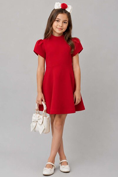 Riccotarz Girl's Red Dress with Back Button and Low-Cut Detail and Lining Inside