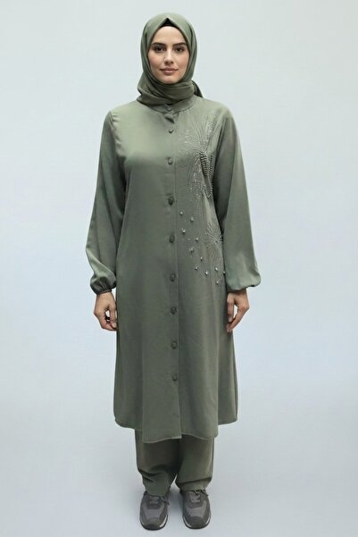 ECE GİYİM Women's Tunic with Buttons on the Front, Bead and Stone Details, Ko...