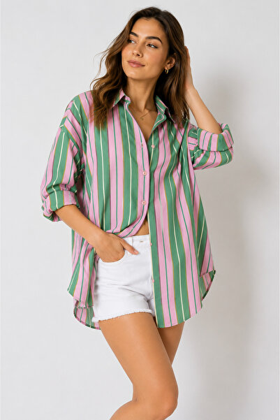 Mys Collection Yeşil Pembe Çizgili Oversize Kadın Gömlek