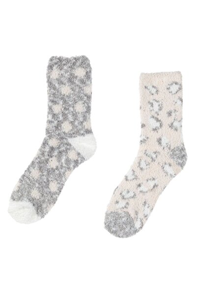 Zumzeria Fluffy Ecru Gray Women's Socks with Animal Print - 2 pairs