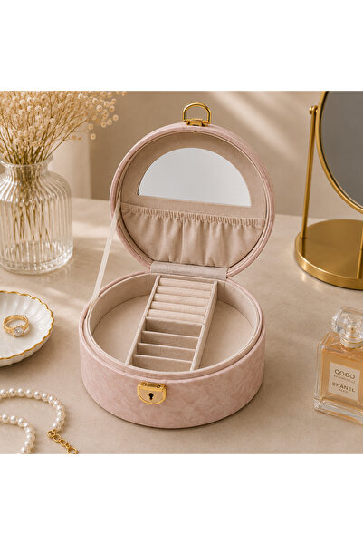 hediyeconcepti Round Luxury Jewelry and Gemstone Storage Box with Mirror Orga...