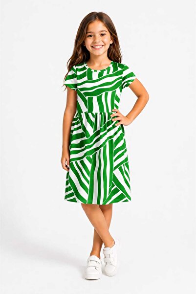 ufk kids Girl's Green Patterned Summer Dress in Combed Cotton