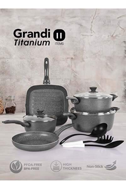 GRANDİ Granite Coated Pots And Pans Cookware Titanium Set 11 PCS With Non-Sti...