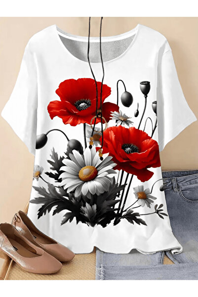 one button Tricou supradimensionat premium cu imprimeu cu flori roșii și marg...