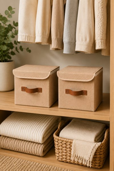 Dathcha Set of 2 Jute Organizer Boxes with Lids – 20X20X20 cm Foldable Storage Box Organizer Set – for Closet, Shelf, and Bathroom Organization
