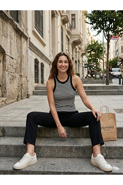 ZIFA Kadın Siyah Beyaz Çizgili Premium Kaşkorse Slim Fit Bisiklet Yaka Atlet