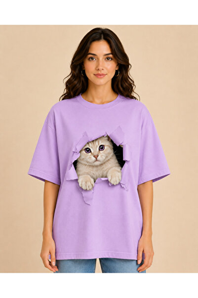 ENB1R MODA Kadın Beyaz Oversize Kedi Baskılı Basic Tişört Yırtık Efektli Cute...