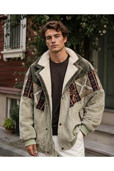 CANMODA (7994) Recien Unisex Fur Collar Vintage Aztec Jacket Oversize 90S Coa...