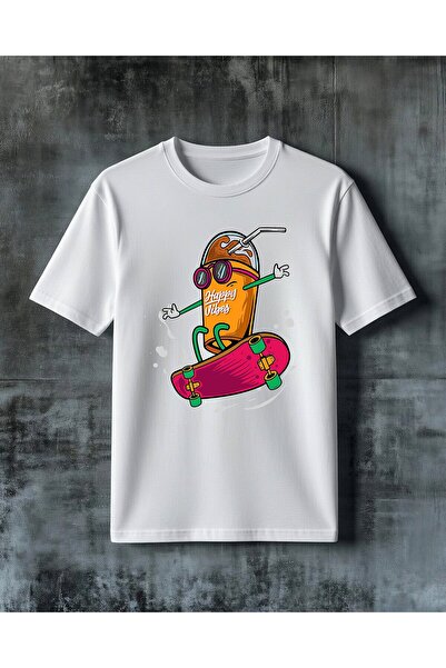 COMVİCHO تي شيرت كبير الحجم مطبوع عليه happy vibes skateboard