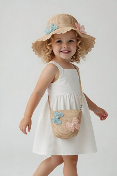 Mollycrush Gift Girl's Pearl Detailed Bowknot Beige Hat and Bag Set |   Summe...