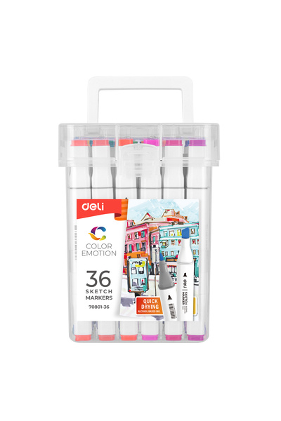 Deli SET OF 36 SKETCHING MARKERS WITH DOUBLE TIP 1MM/7MM IN PLASTIC BOX