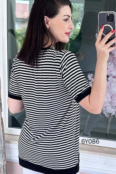 İnce Topuk Crew Neck Striped Viscose Blouse 6Y086