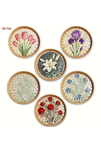 Choice 6pcs 2D Retro Floral Pattern Woven Design Wooden Round Coaster for Hom...
