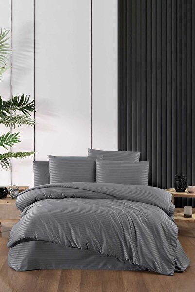 BAYÇAĞRI Stripe Saten Line Double Duvet Cover Set Anthracite