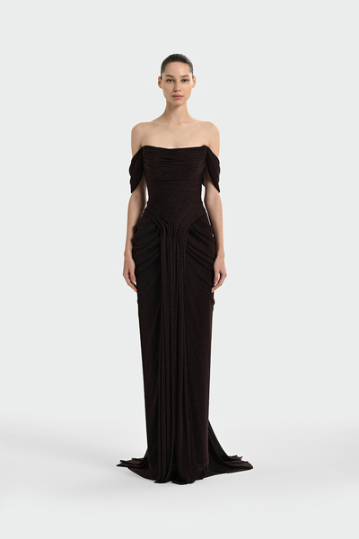 cercis Düşük Omuz Ön Drape Detaylı Abiye Elbise