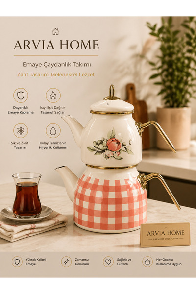 ARVİA HOME Emaye Çaydanlık Alt Demlik Kare Desenli Gold Kulplu Emaye Demlik
