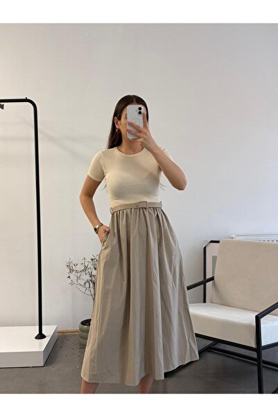 Flarsky Women's Poplin Fabric Dress with Belt at the Waist