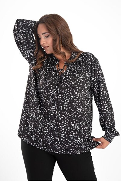 Roxxlen Women's Plus Size Judge Collar Blouse Black Floral