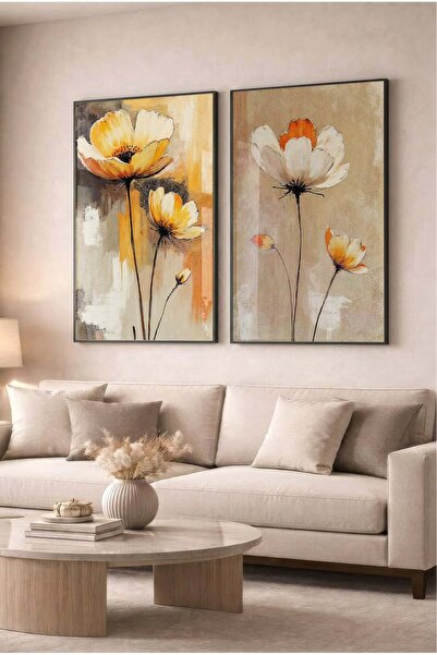 Zevahir Mobilya Dekorasyon Turuncu ve Sarı Çiçekli Floral Modern 2'li Cam Tab...